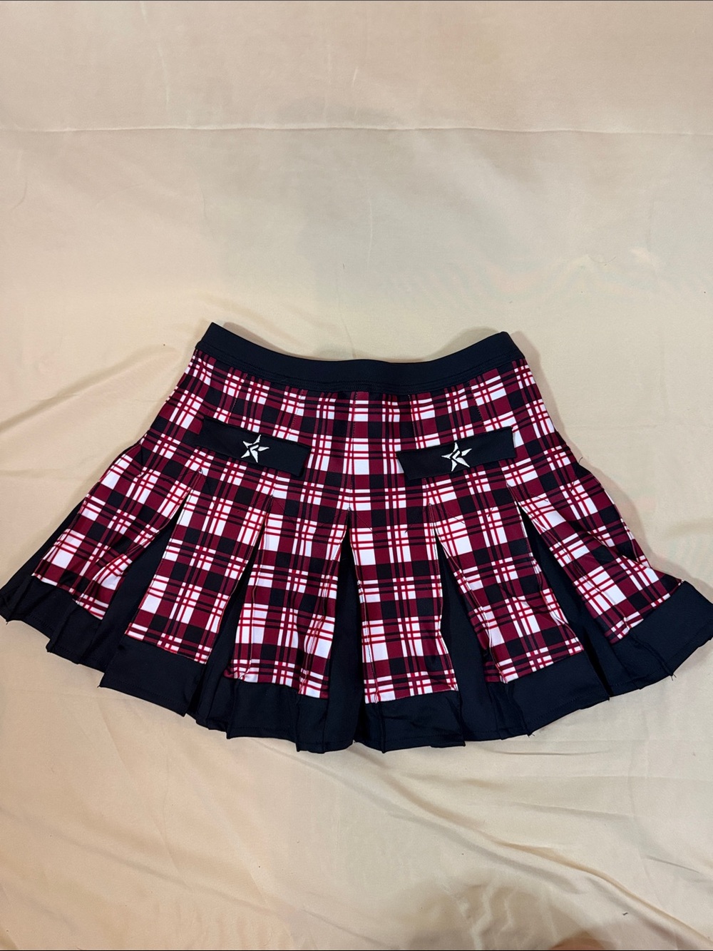 Red Plaid Pleated Mini Skirt with Black Trim